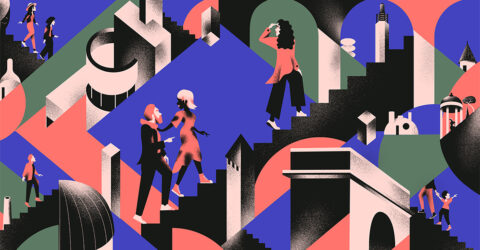 Illustration stylisée de plusieurs personnes circulant sur de grands escaliers au sein d'une architecture géométrique abstraite, dans des tons bleu, noir, rose et vert.
