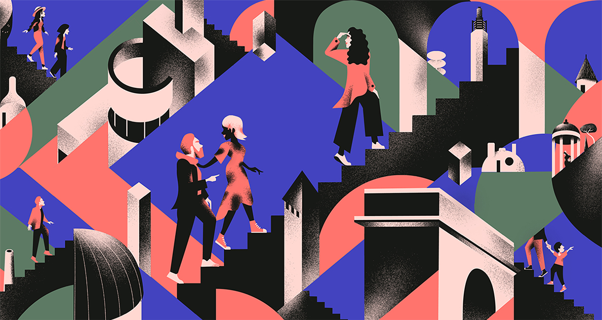 Illustration stylisée de plusieurs personnes circulant sur de grands escaliers au sein d'une architecture géométrique abstraite, dans des tons bleu, noir, rose et vert.