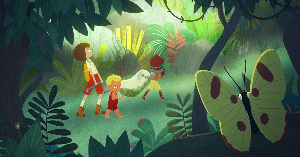 3 personnages du film dans une jungle.