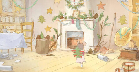 Dessin de Célestine dans une maison décorée pour Noël.