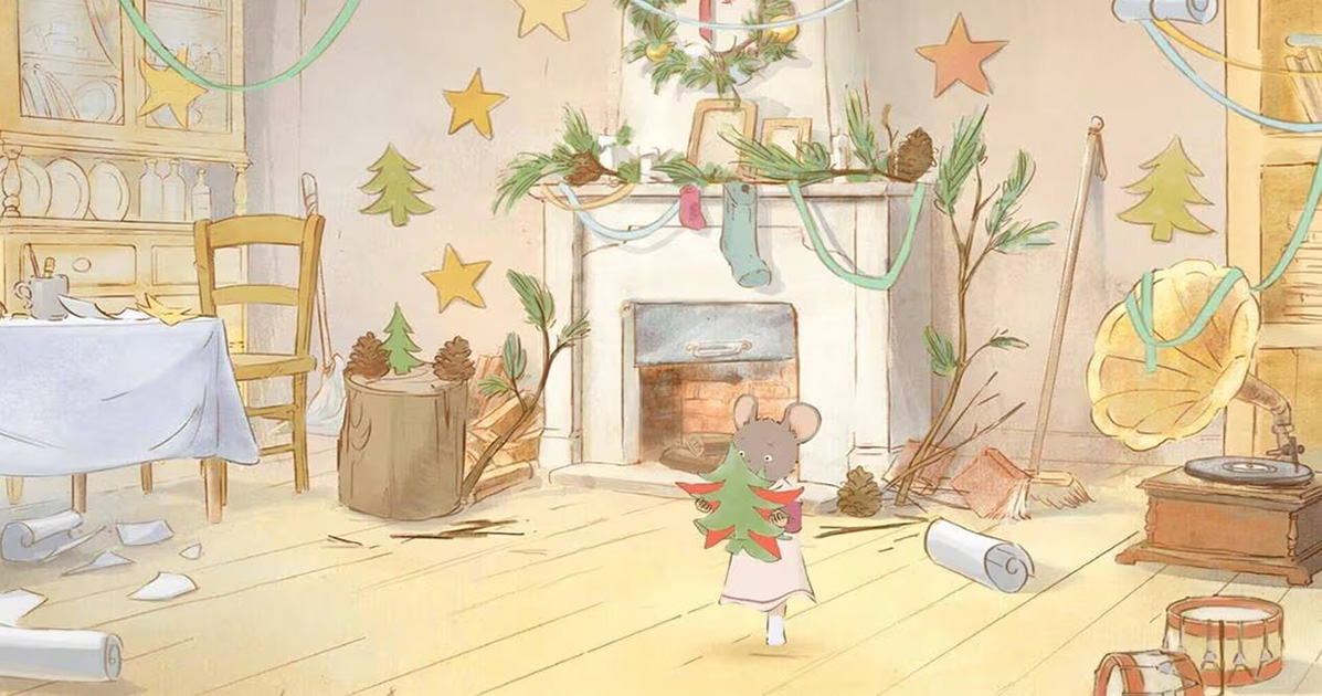 Dessin de Célestine dans une maison décorée pour Noël.