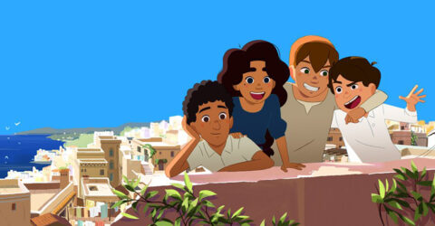 Dessin de 4 enfants dans une ville d'Orient.
