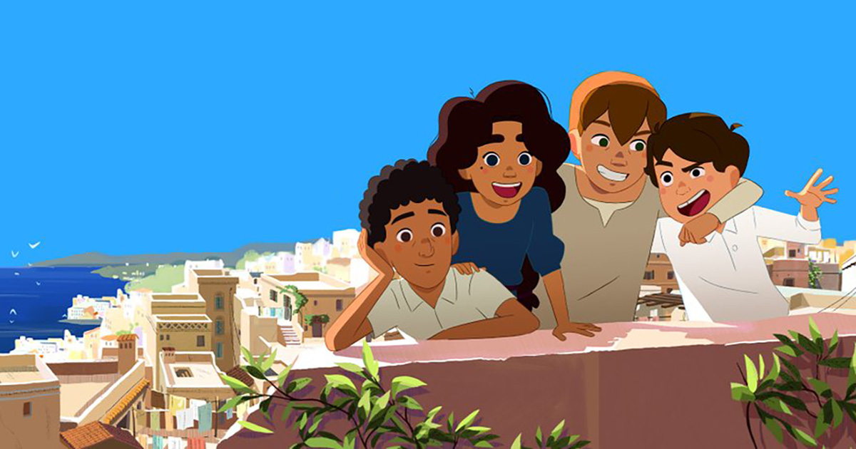 Dessin de 4 enfants dans une ville d'Orient.