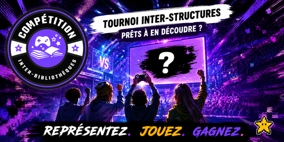 Arène de joueurs de jeux vidéo avec un écran au milieu, jeux gardé secret pour le moment.