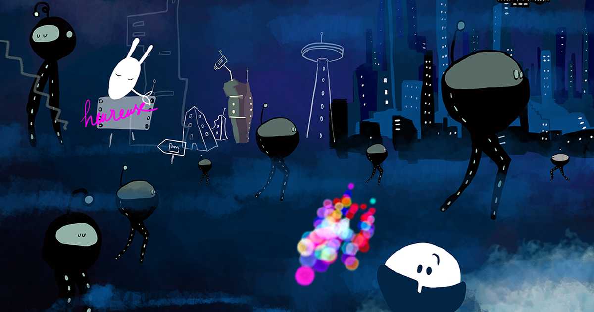 Dessin de robots dans un univers urbain de nuit.